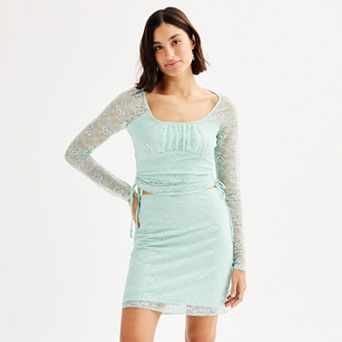 Juniors' Love, Fire Long Sleeve Ruched Top With Mini Skirt Set