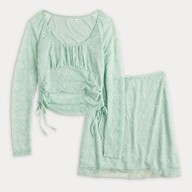 Juniors' Love, Fire Long Sleeve Ruched Top With Mini Skirt Set