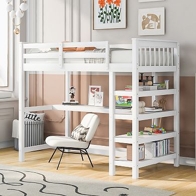 Merax Loft Bed With Storage Shelves And Under-bed Desk