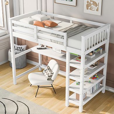 Merax Loft Bed With Storage Shelves And Under-bed Desk