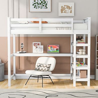 Merax Loft Bed With Storage Shelves And Under-bed Desk