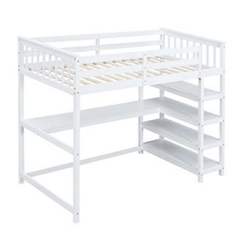 Merax Loft Bed With Storage Shelves And Under-bed Desk