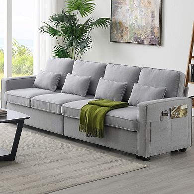 Merax 4-seater Modern Linen Fabric Sofa With Armrest Pockets And 4 Pillows