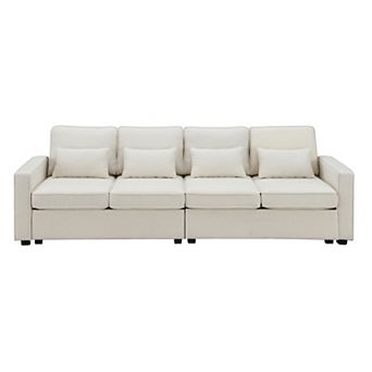 Merax 4-seater Modern Linen Fabric Sofa With Armrest Pockets And 4 Pillows