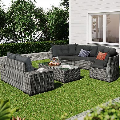 8-pieces Outdoor Wicker Round Sofa Set，half-moon Sectional Sets