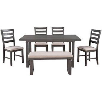 6 pc Family Furniture, Solid Wood Dining Room Set With Rectangular Table & 4 Chairs With Bench