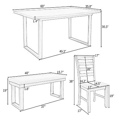 6-pieces Family Furniture, Solid Wood Dining Room Set With Rectangular Table & 4 Chairs With Bench