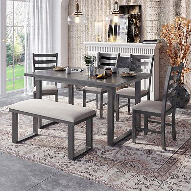 6-pieces Family Furniture, Solid Wood Dining Room Set With Rectangular Table & 4 Chairs With Bench