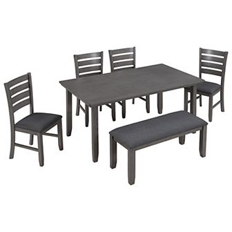 Merax 6 pc Room Chairs With Bench, Rustic Wood Dining Set Table