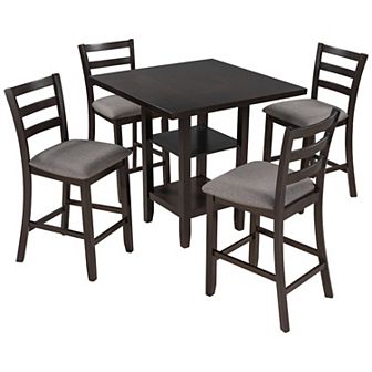 Merax 5 pc Wooden Counter Height Dining Set With Padded Chairs And Storage Shelving