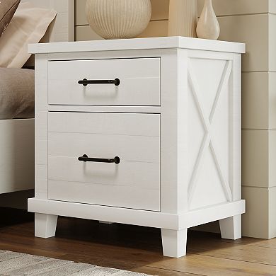 Rustic Farmhouse Style Solid Pine Wood Whitewash Two-drawer Nightstand
