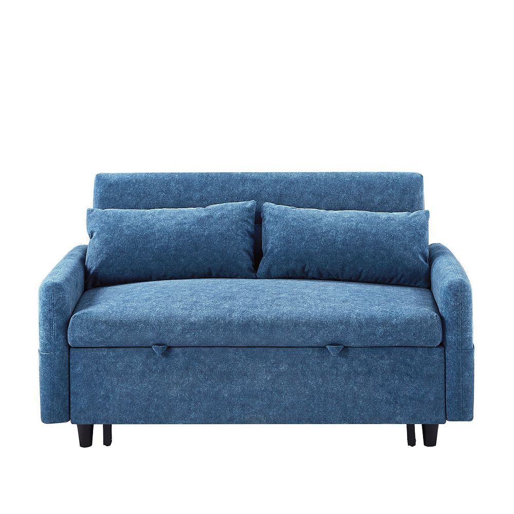 Pull Out Sleep Sofa Bed Loveseats Sofa Couch with Adjsutable Backrest Storage Pockets 2 Soft Pillows for Living Room Blue