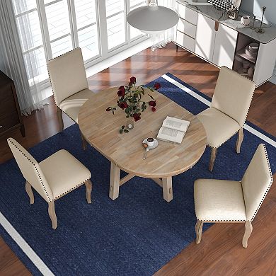Merax 5-piece Farmhouse Dining Table Set Wood Round Extendable Dining Table And 4 Upholstered Dining