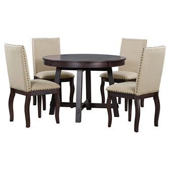 Merax 5 pc Farmhouse Dining Table Set Wood Round Extendable Dining Table And 4 Upholstered Dining
