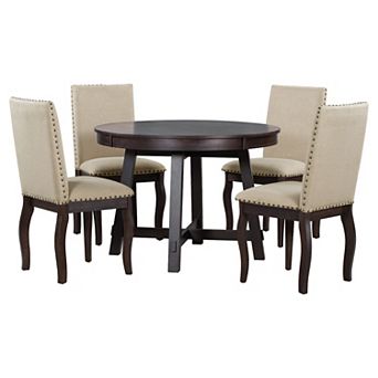 Merax 5 pc Farmhouse Dining Table Set Wood Round Extendable Dining Table And 4 Upholstered Dining