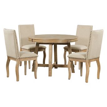 Merax 5 pc Farmhouse Dining Table Set Wood Round Extendable Dining Table And 4 Upholstered Dining