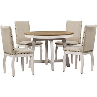 Merax 5 pc Farmhouse Dining Table Set Wood Round Extendable Dining Table And 4 Upholstered Dining