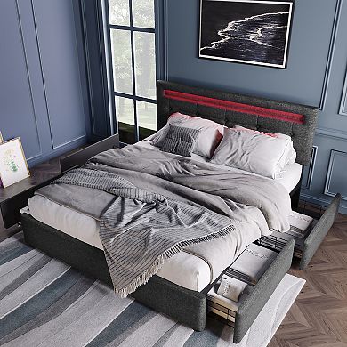 Merax Upholstered Platform Bed Frame With Storage Drawers And Led Lights