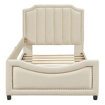 Merax Twin Size Upholstered Daybed with Classic Stripe Shaped Headboard