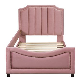 Merax Twin Size Upholstered Daybed with Classic Stripe Shaped Headboard