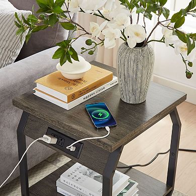 Set Of 2 Side Tables With Charging Usb Ports And Sockets For Indoor