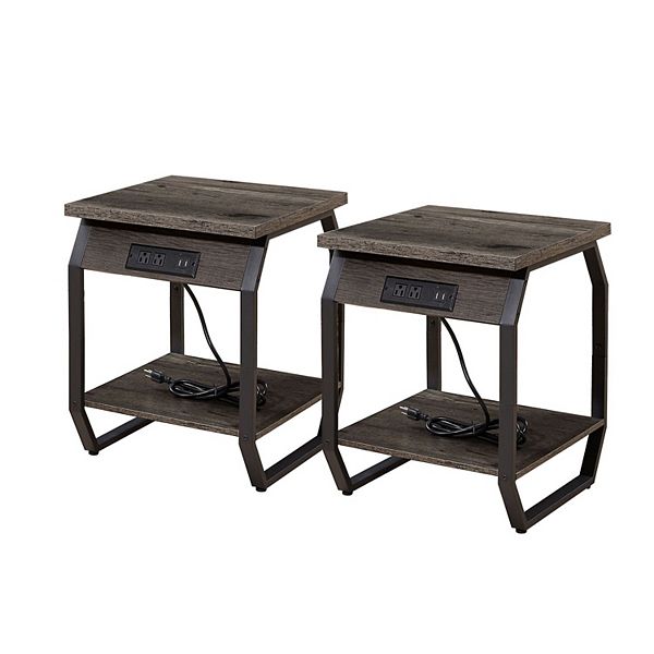 Set Of 2 Side Tables With Charging Usb Ports And Sockets For Indoor