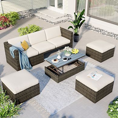 Merax Patio Furniture Sets, 5-piece Patio Wicker Sofa With Adustable Backrest