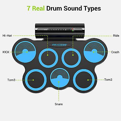 Paxcess 7 Pad Electronic Drum Set With Speakers, Headphone Jack, And Drum Sticks