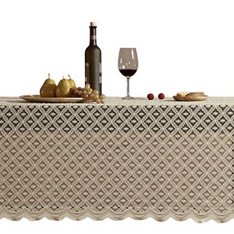 HLC.me Alona Lace Fabric Tablecloth For Rectangle Tables, Wrinkle Resistant, Patterned Scalloped