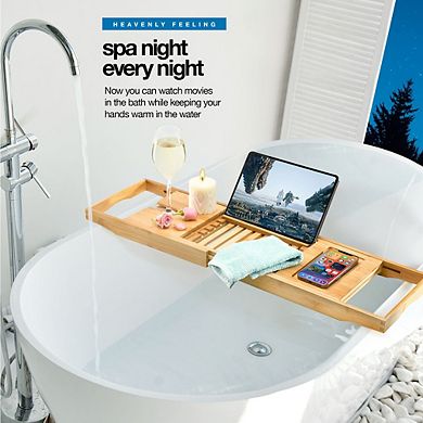 Luxury Bathtub Tray Caddy - Foldable Waterproof Bath Tray - Expandable Bath Caddy, Fits Most Tubs