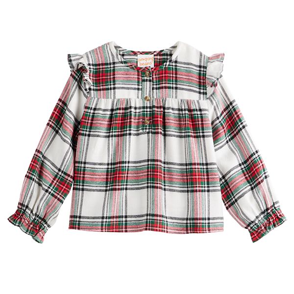 Girls 4-12 Jumping Beans® Woven Ruffle Shoulder Top - Ivory Holiday Plaid (10)