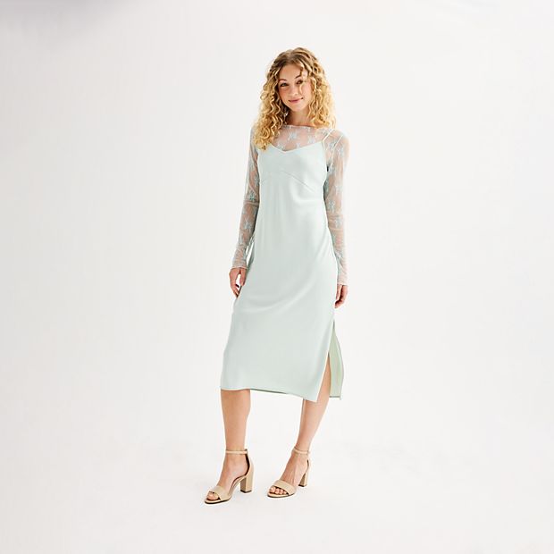 Juniors Rewind Lace Long Sleeve Top and Satin Slip Dress