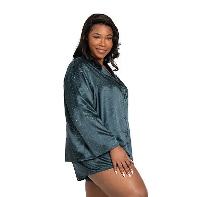 Plus Size Lilac+London Satin Button-Down Pajama Top & Pajama Shorts Set