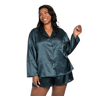Plus Size Lilac+London Satin Button-Down Pajama Top & Pajama Shorts Set