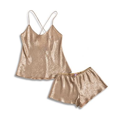 Plus Size Lilac+London Metallic Satin Pajama Cami Top & Pajama Shorts Set