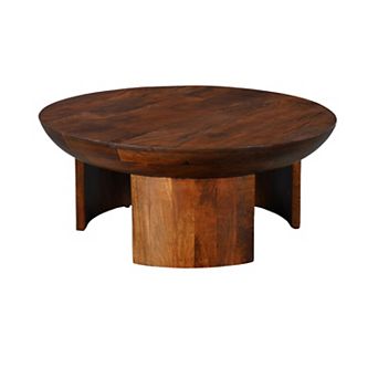 35 Inch Coffee Table, Handcrafted Round Mango Wood Top, Modern Curved Tripod Legs, Walnut Brown