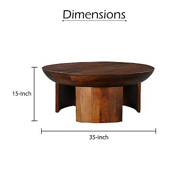 35 Inch Coffee Table, Handcrafted Round Mango Wood Top, Modern Curved Tripod Legs, Walnut Brown