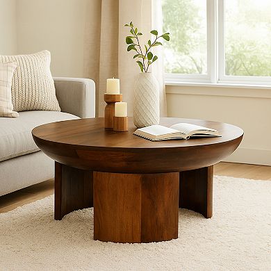 35 Inch Coffee Table, Handcrafted Round Mango Wood Top, Modern Curved Tripod Legs, Walnut Brown