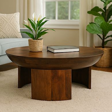 35 Inch Coffee Table, Handcrafted Round Mango Wood Top, Modern Curved Tripod Legs, Walnut Brown