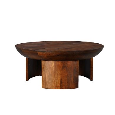 35 Inch Coffee Table, Handcrafted Round Mango Wood Top, Modern Curved Tripod Legs, Walnut Brown