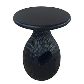 14 Inch Side End Table, Artisan Handcrafted Mango Wood, Embossed Teardrop Shaped Base, Black