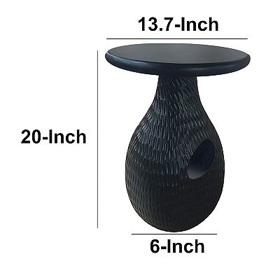 14 Inch Side End Table, Artisan Handcrafted Mango Wood, Embossed Teardrop Shaped Base, Black