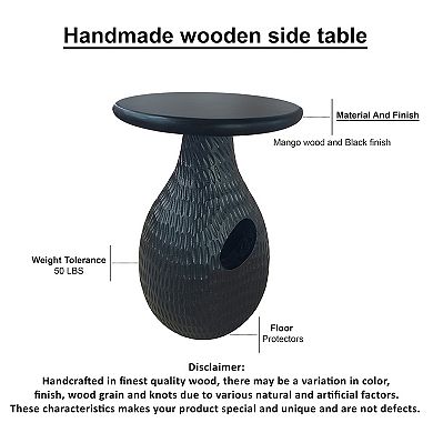 14 Inch Side End Table, Artisan Handcrafted Mango Wood, Embossed Teardrop Shaped Base, Black