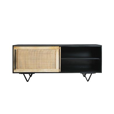 Handcrafted 60 Inch TV Media Console with Rattan Sliding Doors Natural Brown And Matte Black Finish