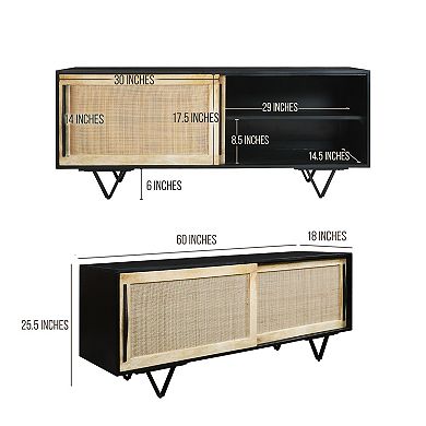 Handcrafted 60 Inch TV Media Console with Rattan Sliding Doors Natural Brown And Matte Black Finish