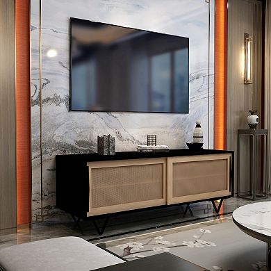 Handcrafted 60 Inch TV Media Console with Rattan Sliding Doors Natural Brown And Matte Black Finish