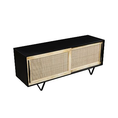 Handcrafted 60 Inch TV Media Console with Rattan Sliding Doors Natural Brown And Matte Black Finish