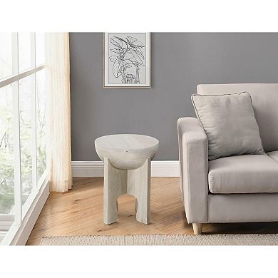 Tomas 20 Inch Side End Table, Mango Wood Drum Top, Classic Washed White