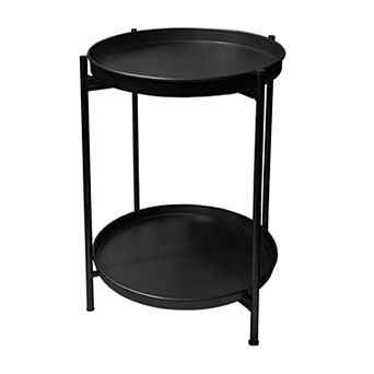 Vica 15 Inch Modern Side End Table, Metal Round Tray Top, Foldable Legs, Black