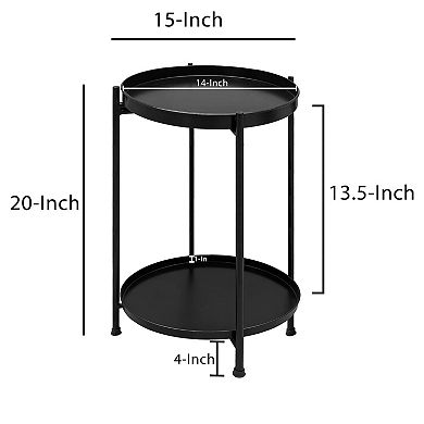 Vica 15 Inch Modern Side End Table, Metal Round Tray Top, Foldable Legs, Black